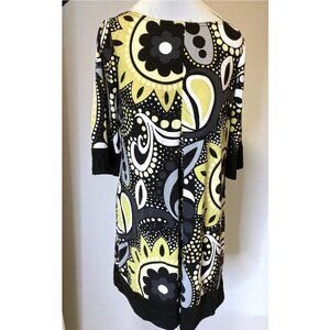 JFW retro black, lime green, white print shift dress with inverted front pleat